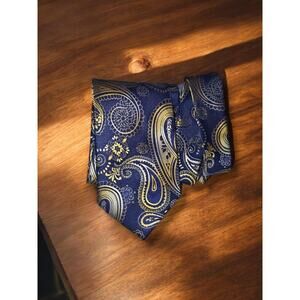 Hisdern Navy Blue Tie W/Gold Paisley Print Handmade Elegant Business